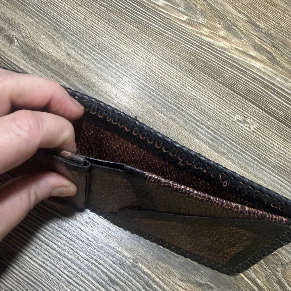 Vintage Tooled Leather Horse Wallet Western Cowboy Black Whipstitch Money Clip